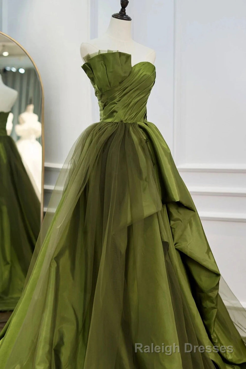 A Line Asymmetrical Strapless Green Long Prom Dress with Ruffles Secondary image