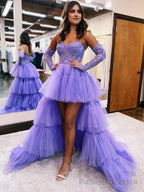 A Line Asymmetrical Strapless Tiered Tulle Prom Dress