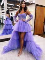 A-Line Asymmetrical Strapless Tiered Tulle Prom Dress