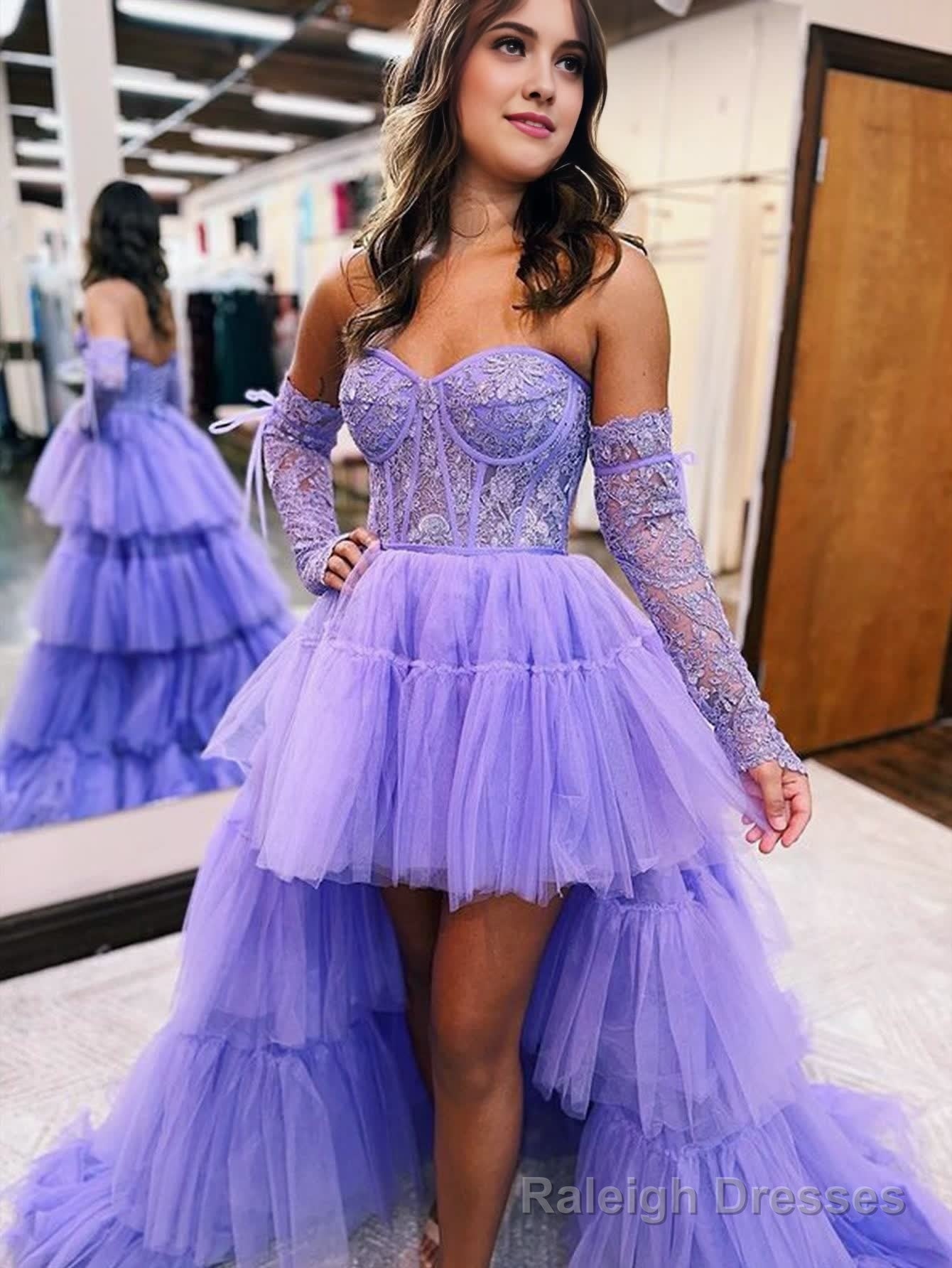 A Line Asymmetrical Strapless Tiered Tulle Prom Dress