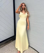 A Line Backless Evening Party Dress Silk Satin Long Prom Dress
