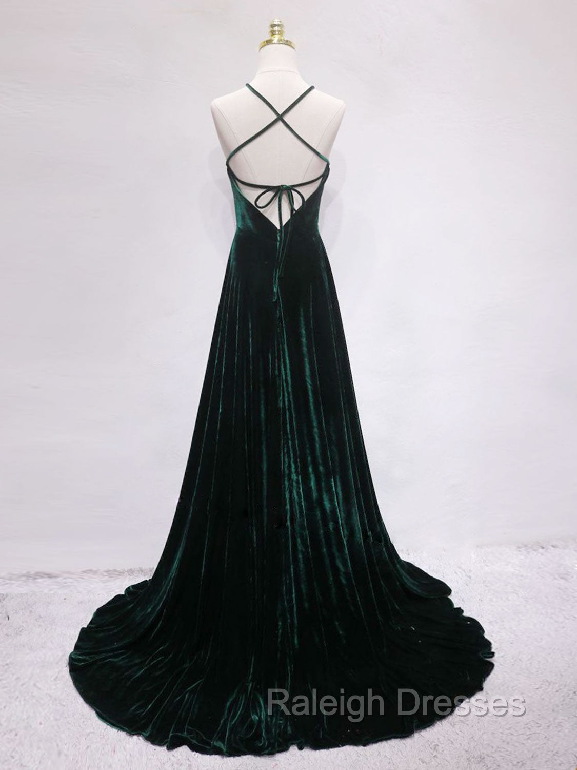 A-Line Backless Green Velvet Long Prom Dresses, Green Formal Evening Dresses Secondary image