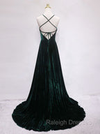 A Line Backless Green Velvet Long Prom Dresses, Green Formal Prom Dresses