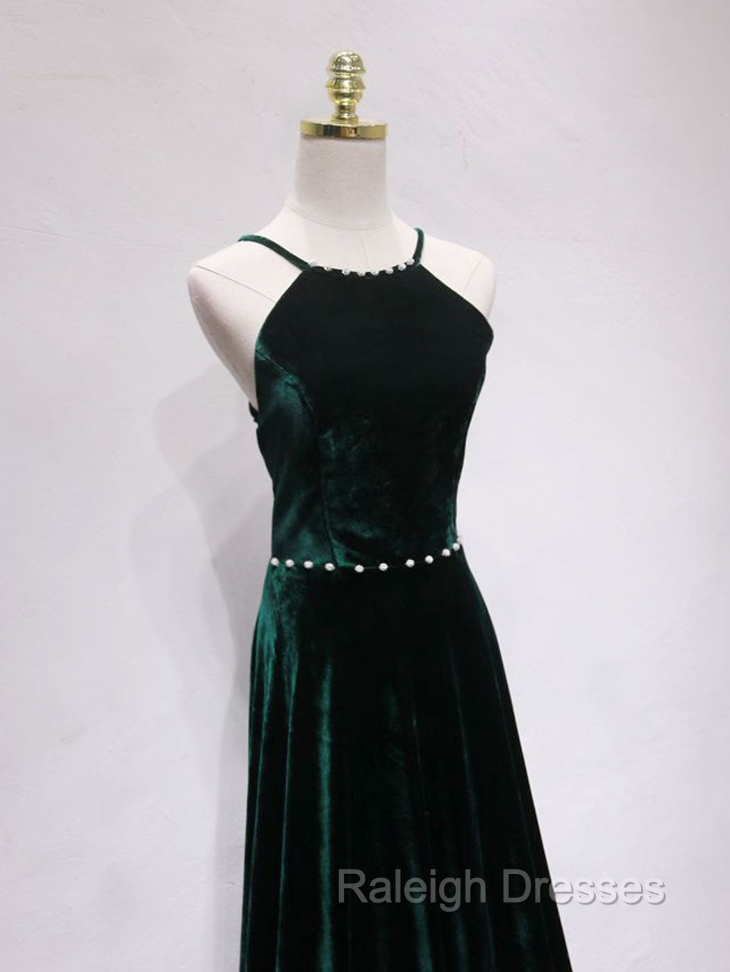 A Line Backless Green Velvet Long Prom Dresses, Green Formal Prom Dresses