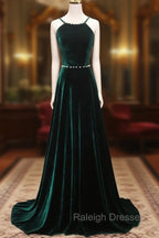 A-Line Backless Green Velvet Long Prom Dresses, Green Formal Evening Dresses