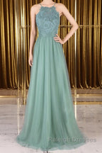 A Line Backless Lace Green Long Prom Dress Backless Green Lace Prom Graduation Prom Dress