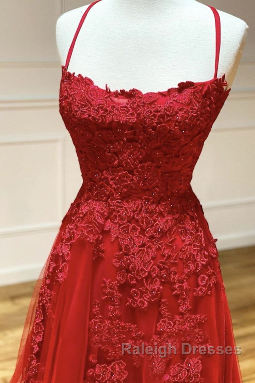 A Line Backless Red Lace Long Prom Dress, Long Red Lace Formal Dress, Red Evening Dress Secondary image