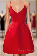 A-Line Backless Short Red Prom Dress Short Red Satin Homecoming Graduation Dress Red Prom Dress