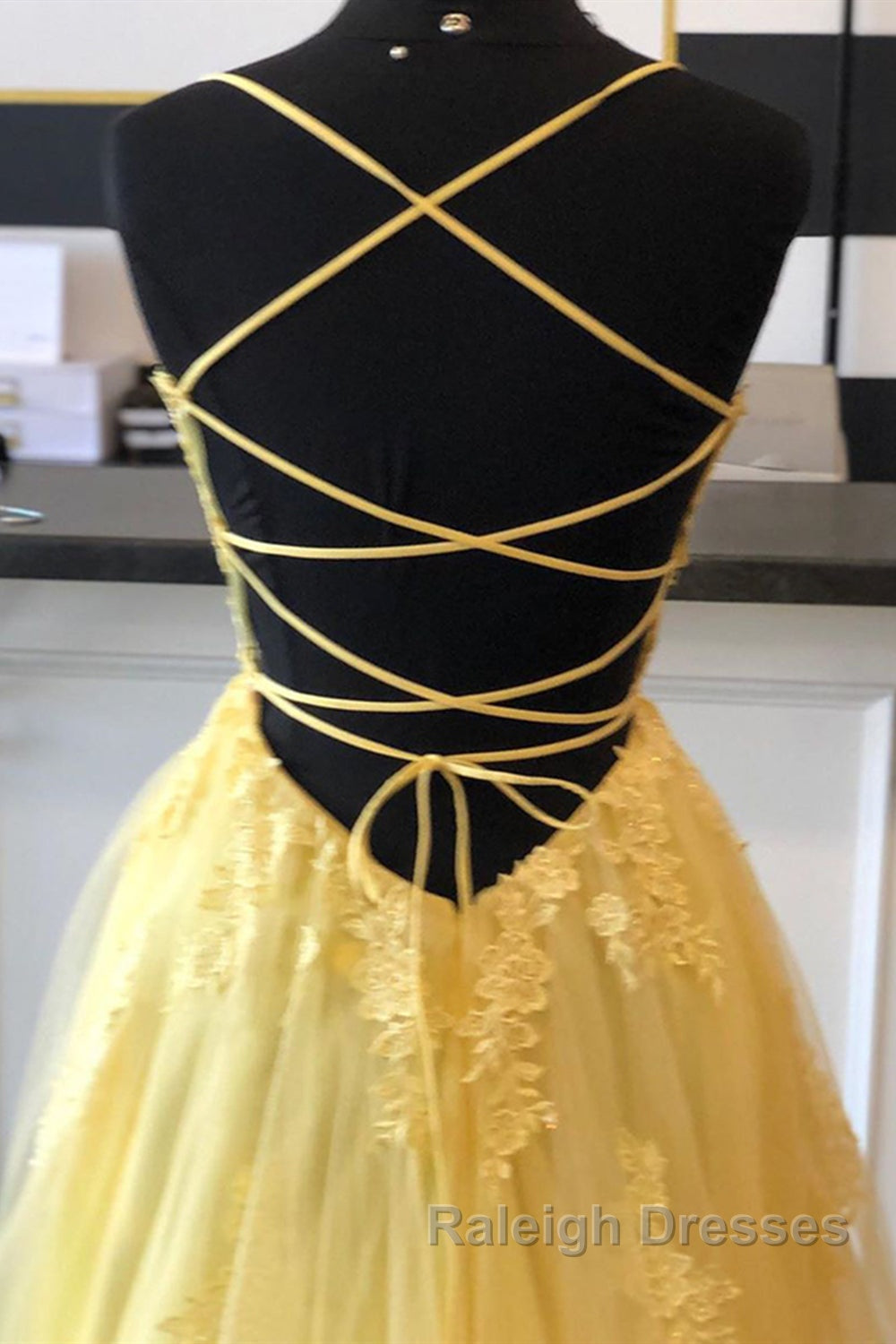 A Line Backless Yellow Lace Floral Long Prom Dress with High Slit, Open Back Yellow Lace Formal Dress, Yellow Lace Evening Dress Secondary image