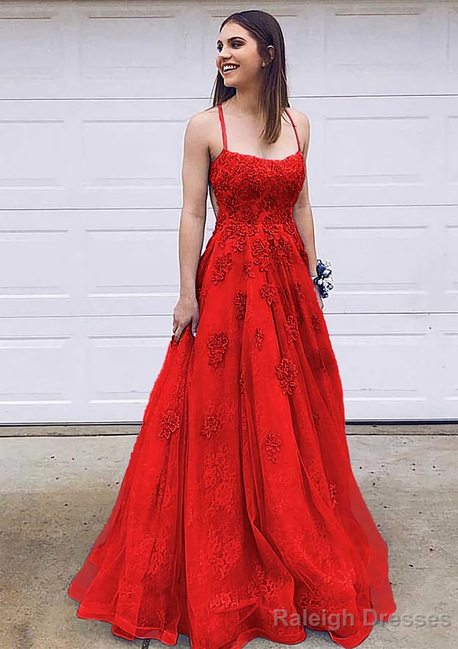 A Line Bateau Court Train Lace Prom Dress With Appliqued