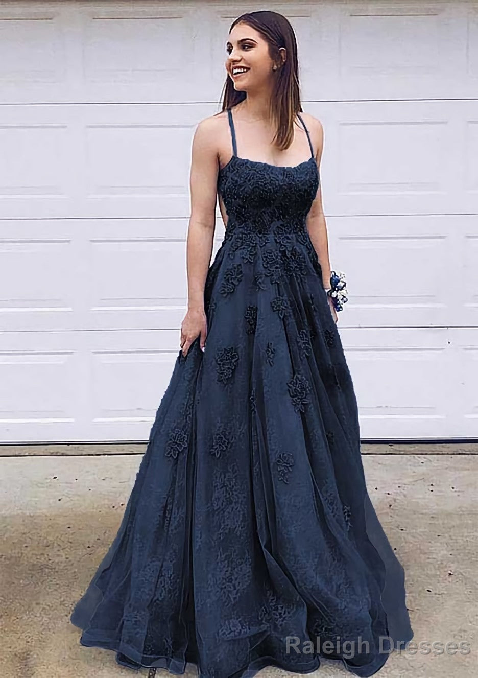 A Line Bateau Court Train Lace Prom Dress With Appliqued Secondary image