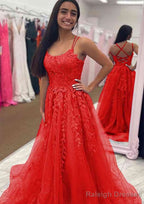 A Line Bateau Court Train Tulle Glitter Prom Dress With Appliqued Beading