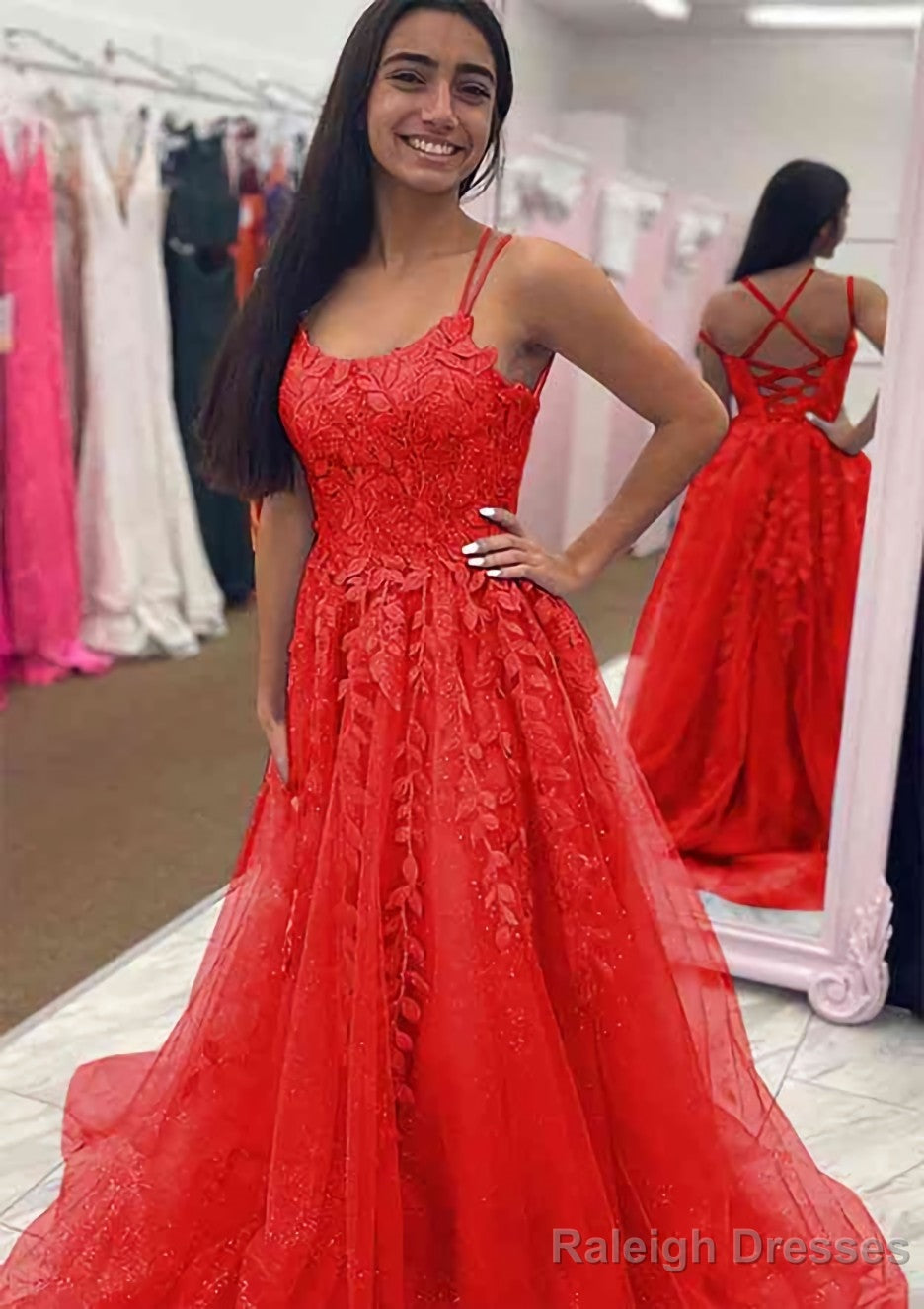 A Line Bateau Court Train Tulle Glitter Prom Dress With Appliqued Beading
