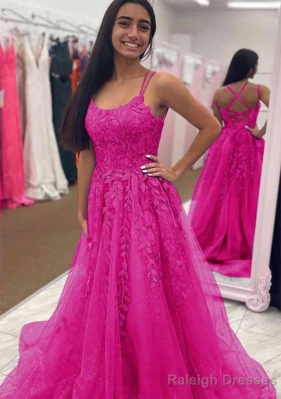 A-line Bateau Court Train Tulle Glitter Prom Dresses With Appliqued Beading