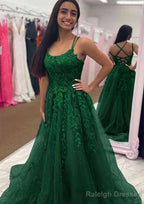 A-line Bateau Court Train Tulle Glitter Prom Dresses With Appliqued Beading