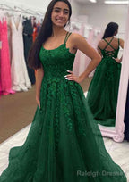 A Line Bateau Court Train Tulle Glitter Prom Dress With Appliqued Beading