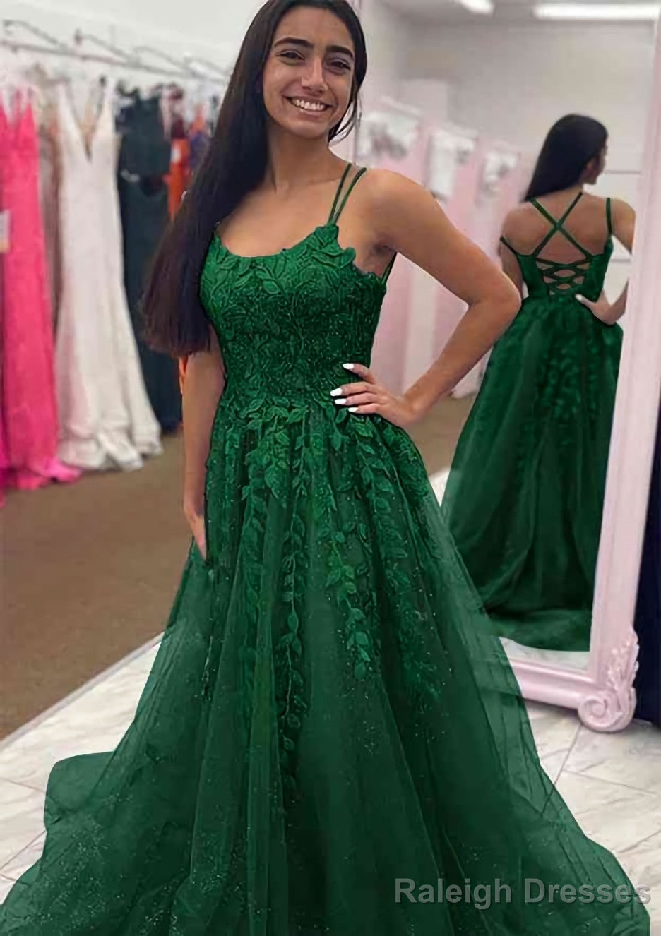 A Line Bateau Court Train Tulle Glitter Prom Dress With Appliqued Beading