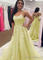 A Line Bateau Court Train Tulle Glitter Prom Dress With Appliqued Beading
