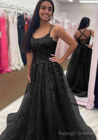 A-line Bateau Court Train Tulle Glitter Prom Dresses With Appliqued Beading