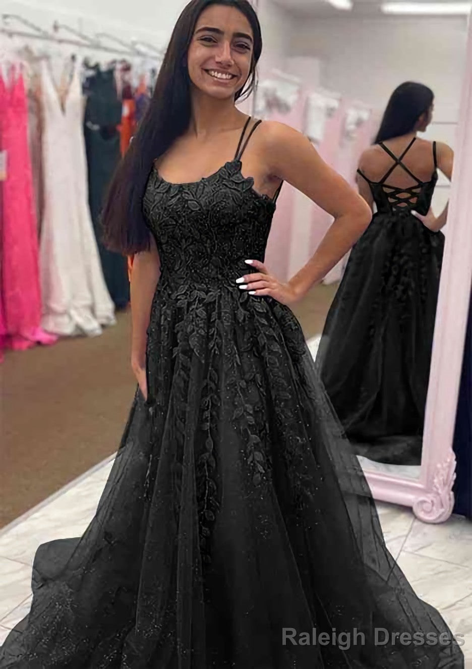 A Line Bateau Court Train Tulle Glitter Prom Dress With Appliqued Beading