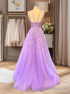 A Line Bateau Long Sleeves Appliques Lace Floor Length Tulle Dress