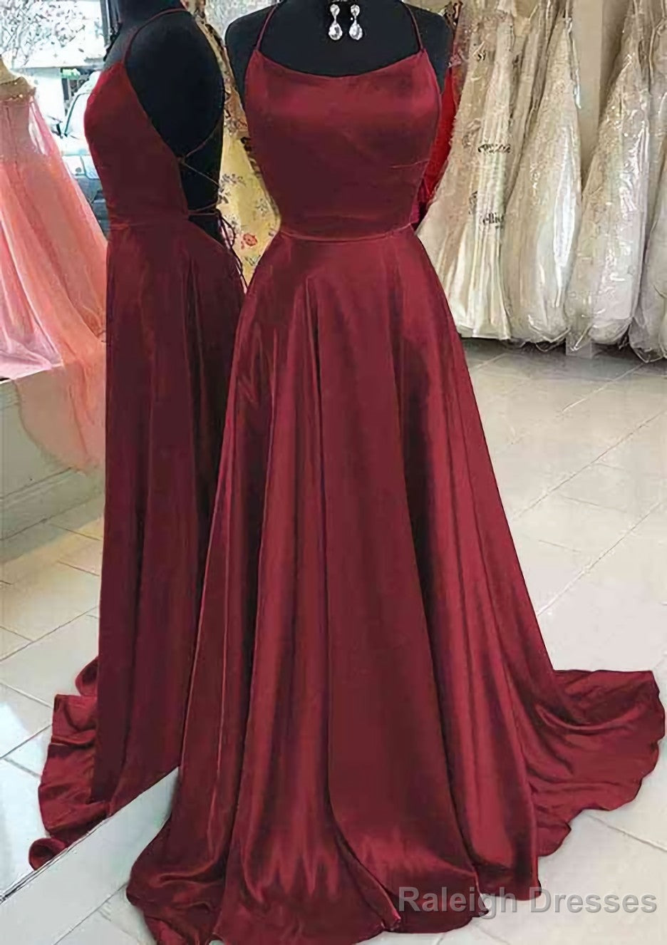 A-line Bateau Spaghetti Straps Sweep Train Charmeuse Prom Dresses