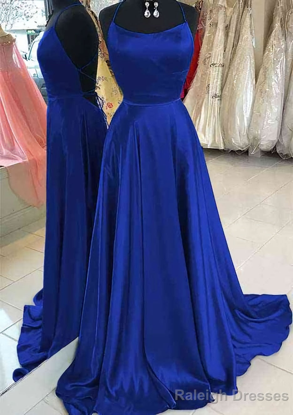 A-line Bateau Spaghetti Straps Sweep Train Charmeuse Prom Dresses