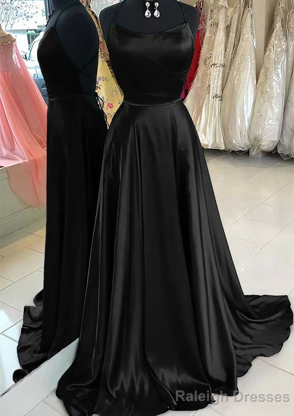 A Line Bateau Spaghetti Straps Sweep Train Charmeuse Prom Dress