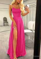 A Line Bateau Spaghetti Straps Sweep Train Charmeuse Prom Dress With Split