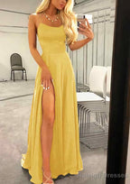 A Line Bateau Spaghetti Straps Sweep Train Charmeuse Prom Dress With Split