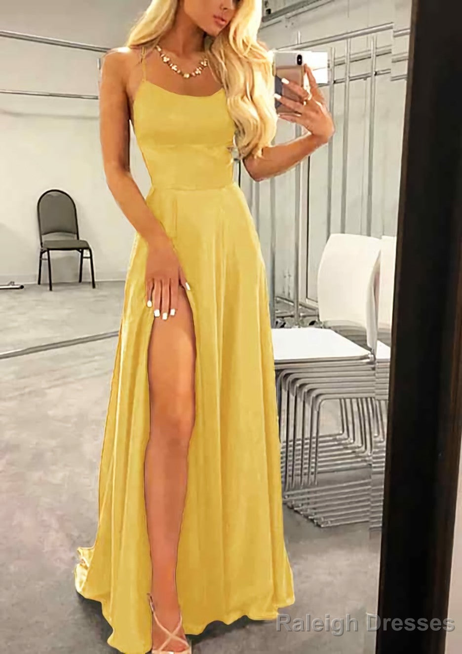 A Line Bateau Spaghetti Straps Sweep Train Charmeuse Prom Dress With Split