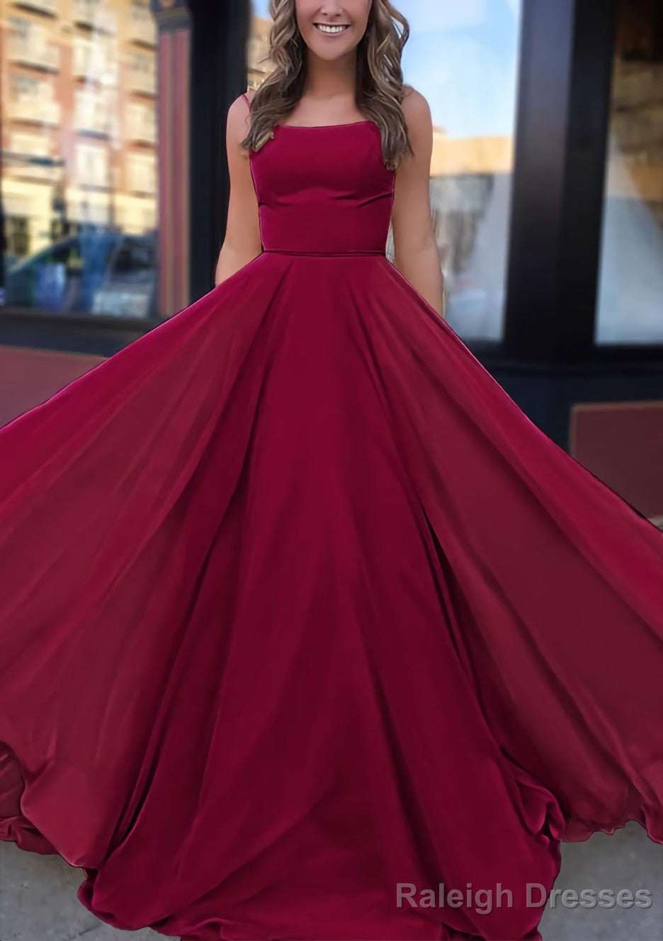 A Line Bateau Spaghetti Straps Sweep Train Chiffon Prom Dress