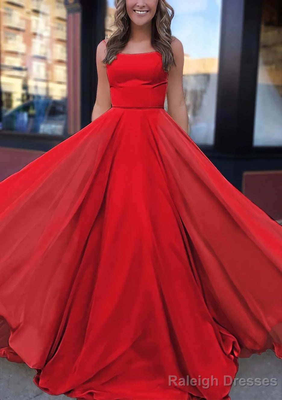 A Line Bateau Spaghetti Straps Sweep Train Chiffon Prom Dress