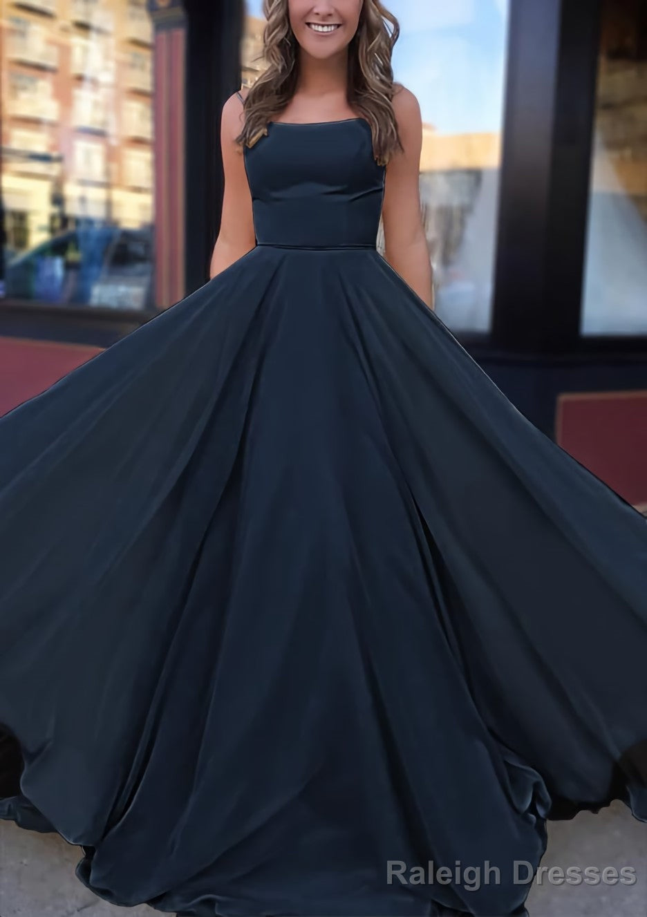 A-line Bateau Spaghetti Straps Sweep Train Chiffon Prom Dresses