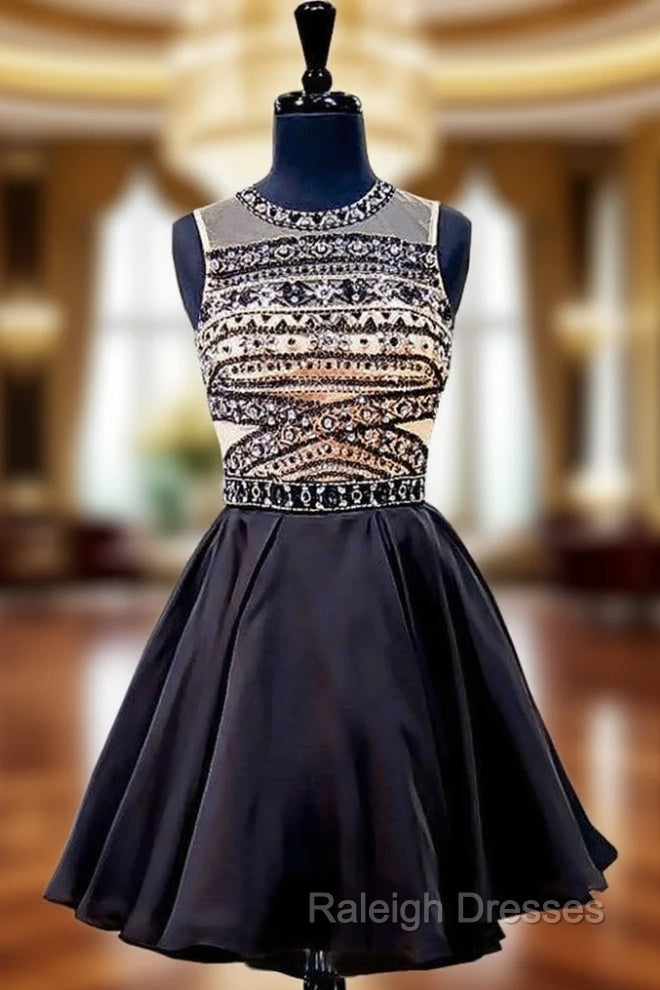 A-line Beaded Crystals Backless Black Short Homecoming Dress Main image