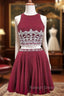 A Line Beaded Crystals Burgundy Chiffon Two Piece Homecoming Dress