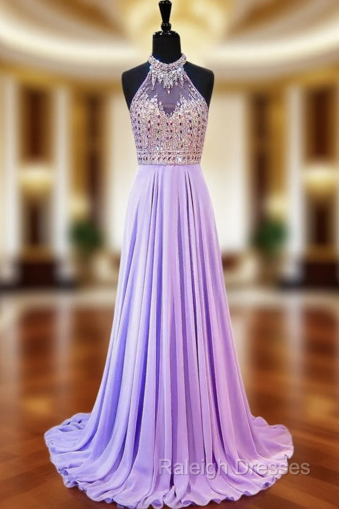 A Line Beaded Crystals Floor Length Backless Lilac Chiffon Prom Dresses Main image