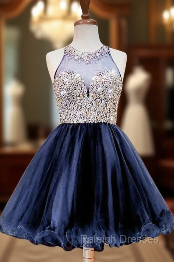 A-line Beaded Crystals Navy Blue Party Homecoming Dress Main image