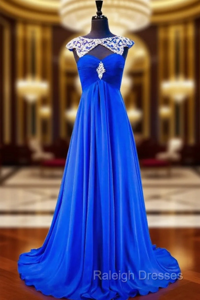 A-line Beaded Crystals Royal Blue Backless Chiffon Prom Dress Main image