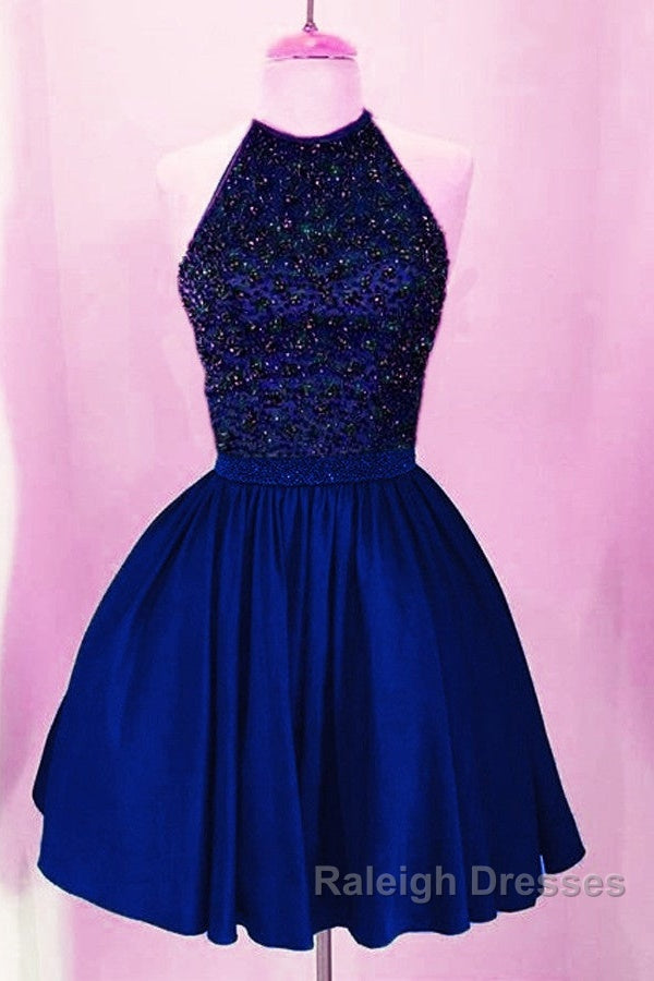 A-Line Beaded Halter Keyhole Back Satin Homecoming Dress Short Secondary image