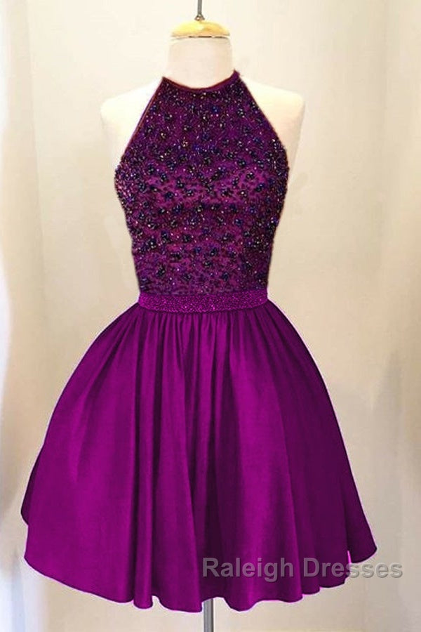 A-Line Beaded Halter Keyhole Back Satin Homecoming Dresses Short