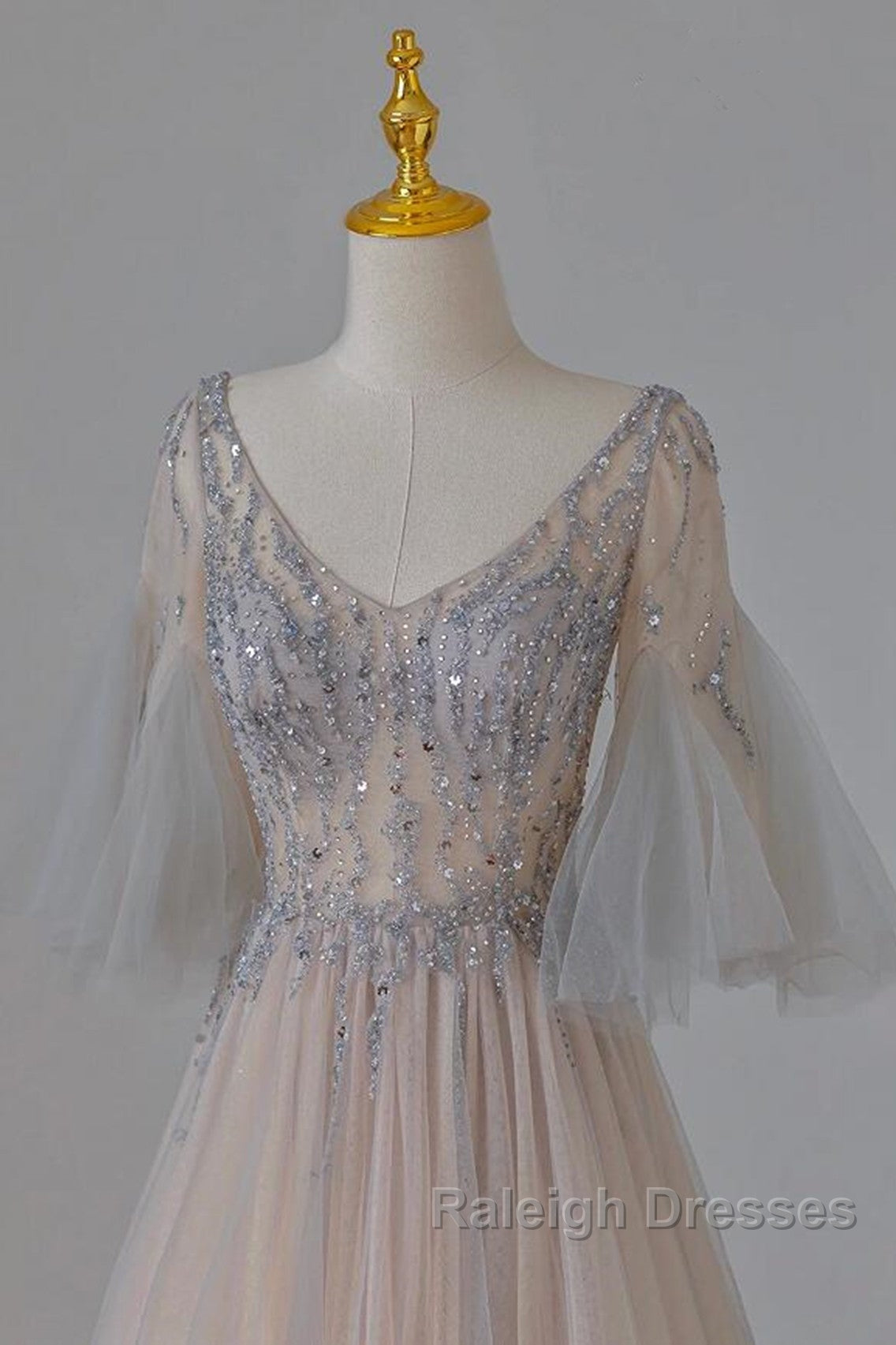 A-Line Beaded V-Neckline Tulle Formal Dress, Puffy Sleeves Long Prom Dress