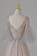 A Line Beaded V Neckline Tulle Prom Dresses Puffy Sleeves Long Prom Dresses