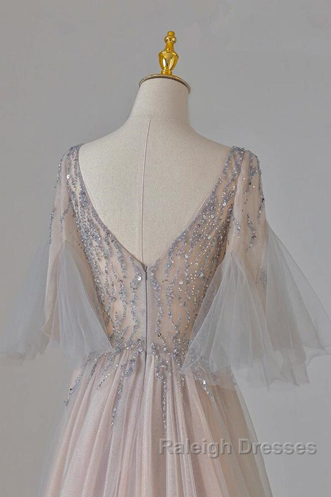 A Line Beaded V Neckline Tulle Prom Dresses Puffy Sleeves Long Prom Dresses