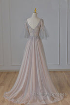 A-Line Beaded V-Neckline Tulle Formal Dress, Puffy Sleeves Long Prom Dress