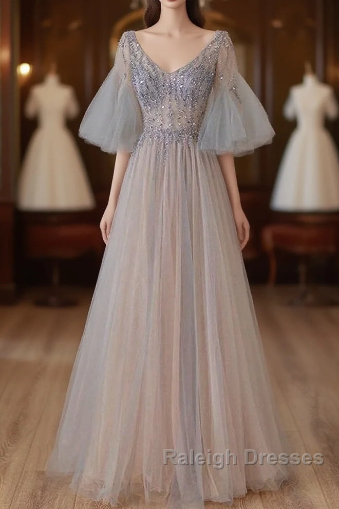 A-Line Beaded V-Neckline Tulle Formal Dress, Puffy Sleeves Long Prom Dress Main image