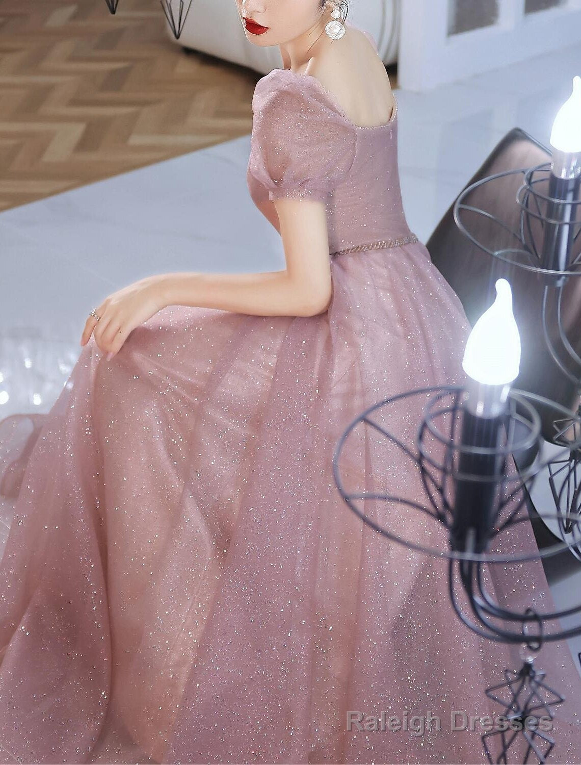 A-Line Beautiful Back Elegant Prom Formal Evening Birthday Dress Sweetheart Neckline Short Sleeve Floor Length Lace With Beading  / Puff Balloon Sleeve