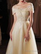 A-Line Beautiful Back Elegant Prom Formal Evening Dress Jewel Neck Short Sleeve Floor Length Lace With Beading Appliques
