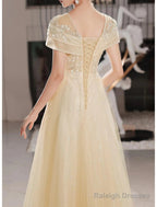 A-Line Beautiful Back Elegant Prom Dresses Jewel Neck Short Sleeve Floor Length Lace With Beading Appliques