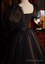 A-Line Black And Champagne Tulle Long Party Dress, Tulle Prom Dress Evening Dress